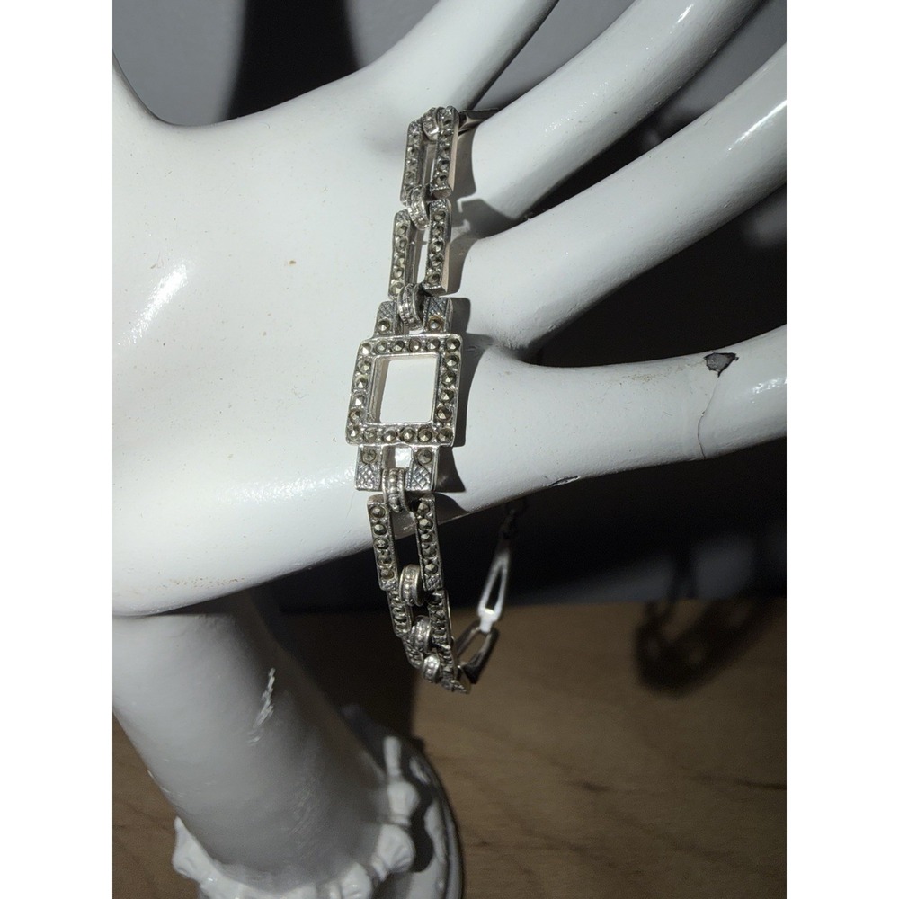 Vintage Art Deco Marcasite Link Sterling Silver 925 Rectangle Dainty Bracelet